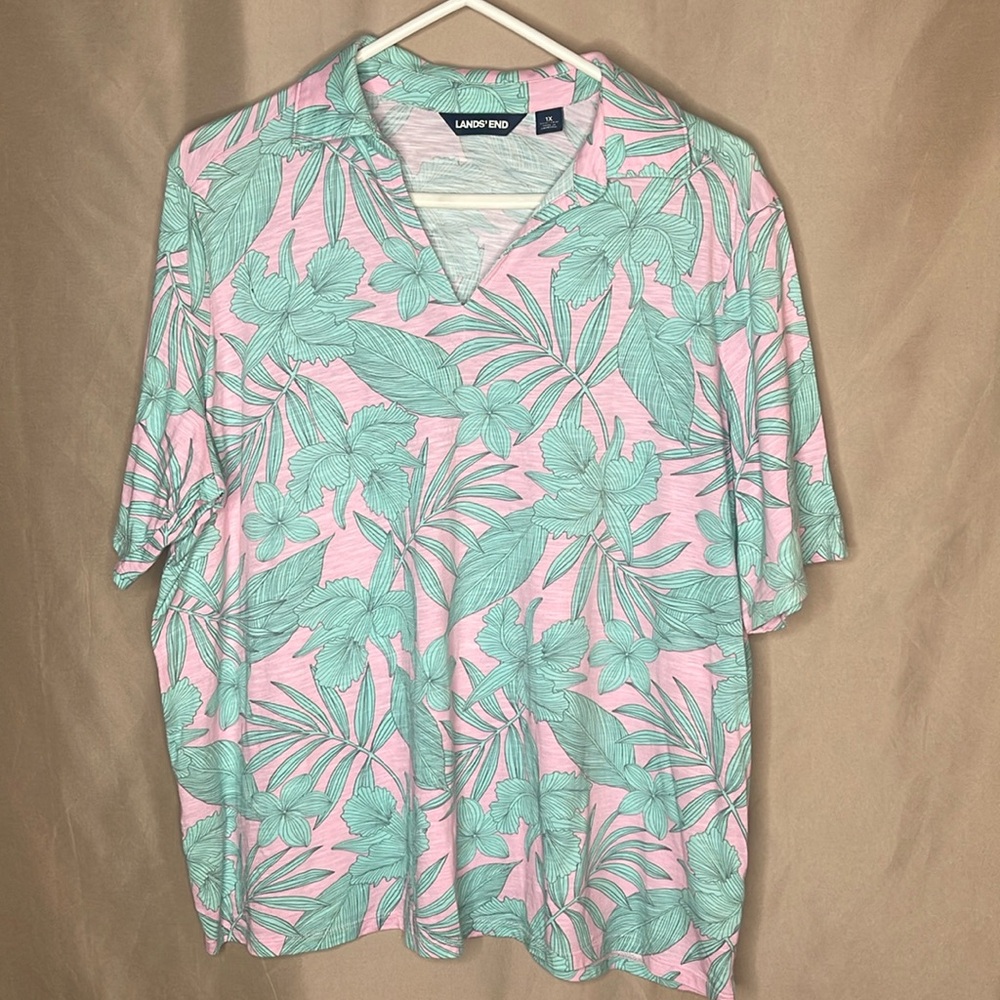 Land's End Women's Green and Pink Floral plus size polo shirt 1X